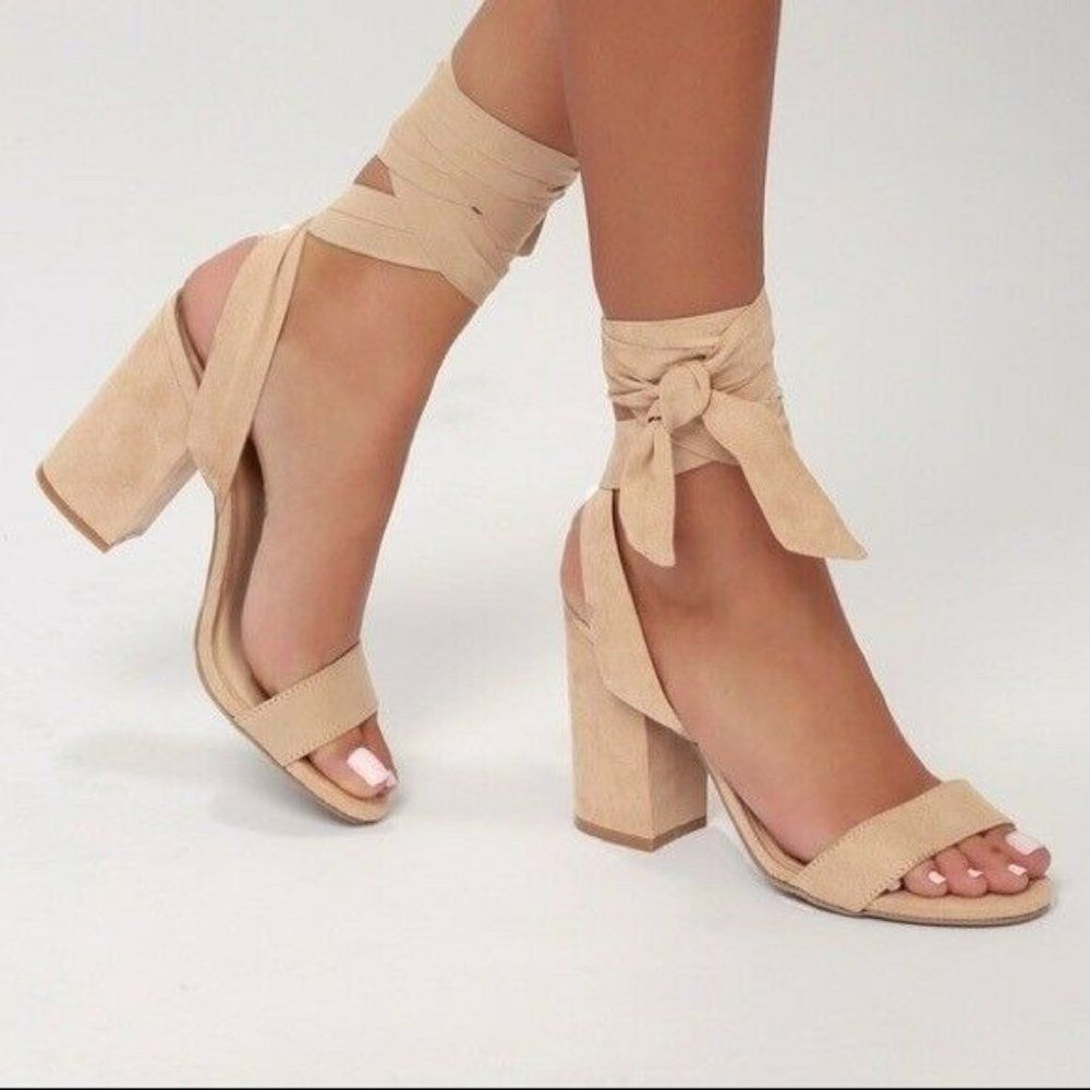 Lulu's Heels Alta Beige Suede Lace-Up Heels Heels